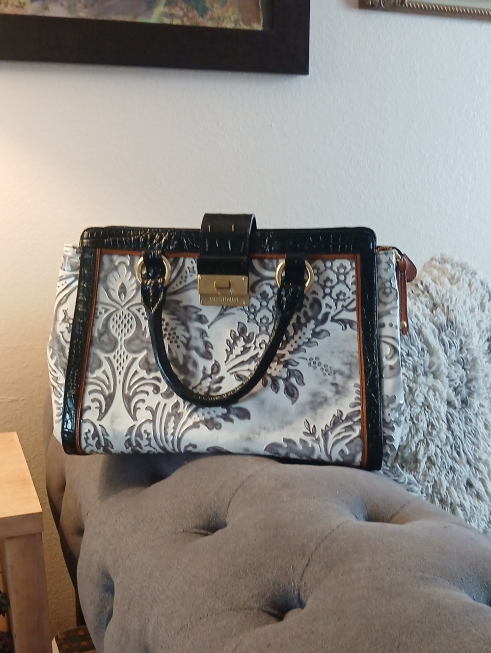 Brahmin Black, White & Brown Damask Satchel